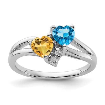 Curata 925 Sterling Silver Polished Open back Blue Topaz and Citrine Diamond Ring