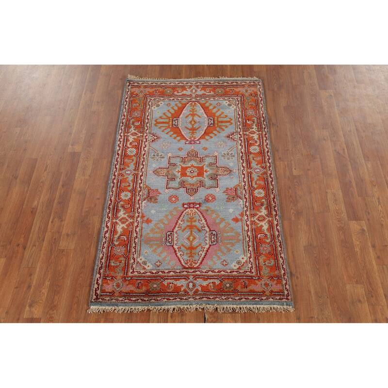 Blue Geometric Khotan Indian Accent Rug Hand-Knotted Wool Carpet - 3'1"x 5'2"