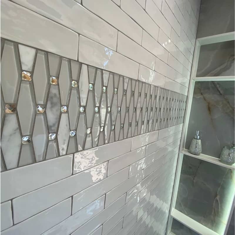 Carrara Diamond 12x12 White Polished Glass Mosaic Tile - Wall, Backsplash