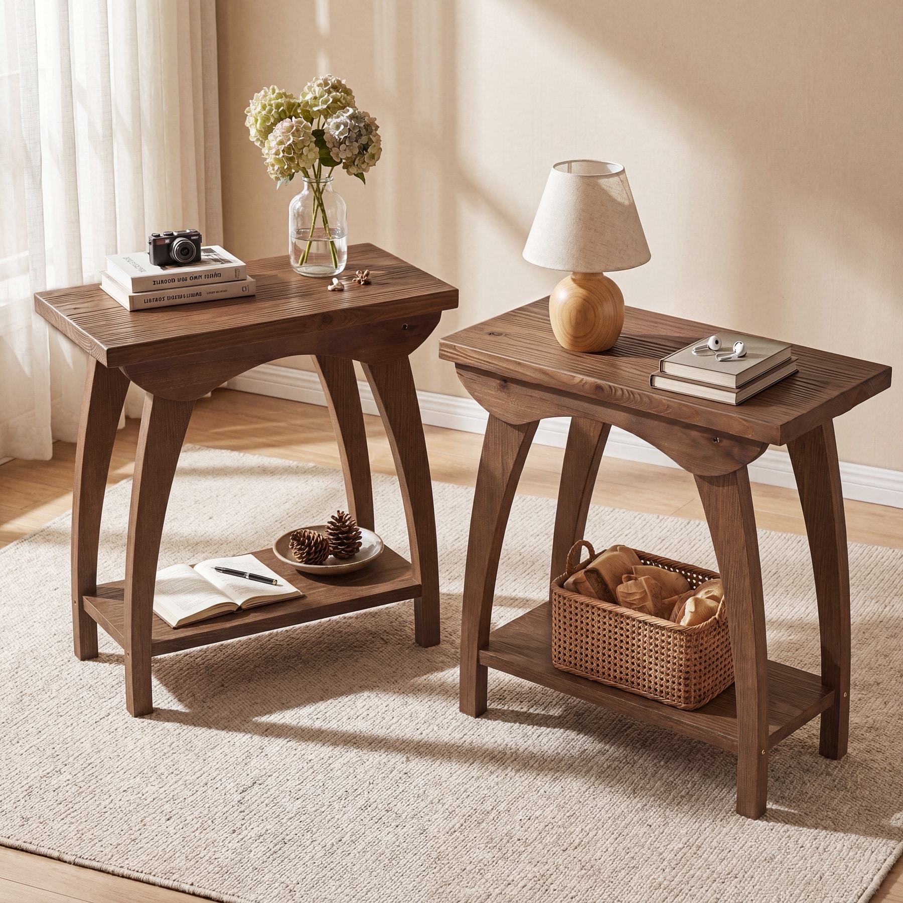 2-Tier Solid Wood End Table, Rectangle Couch Side Table for Living Room, Besdside Table with Shelf for Bedroom (Set of 2)