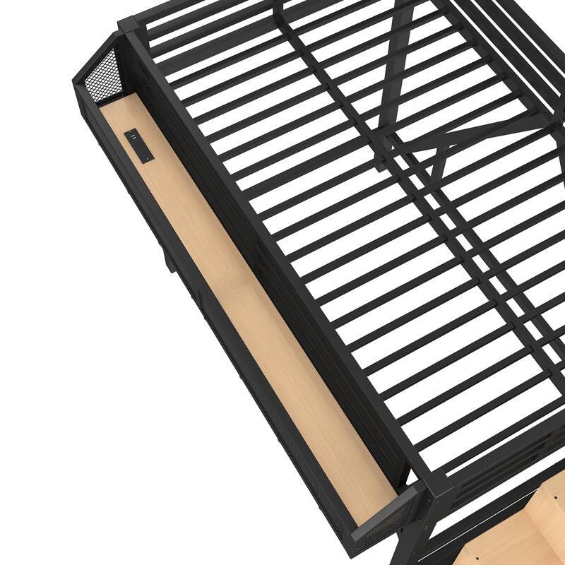 Roomfitters Metal Loft Bed with Wardrobe and Storage Stairs, LED Lights and USB