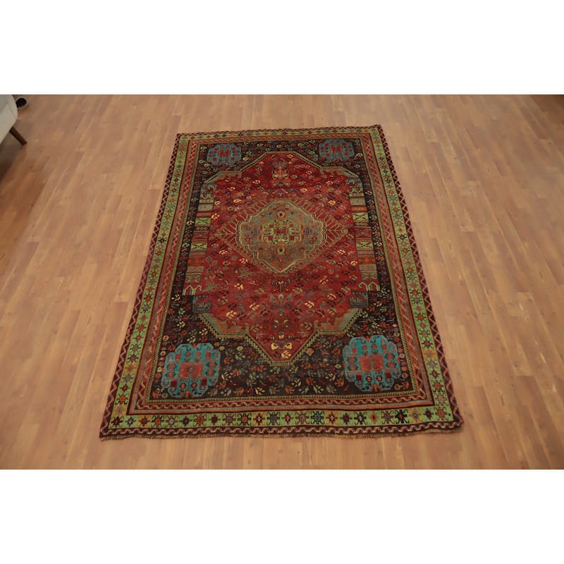 Hand Knotted Oriental 100% Wool Carpet Traditional Medallion Red Shiraz Area Rug - 8' 2'' X 5' 3''
