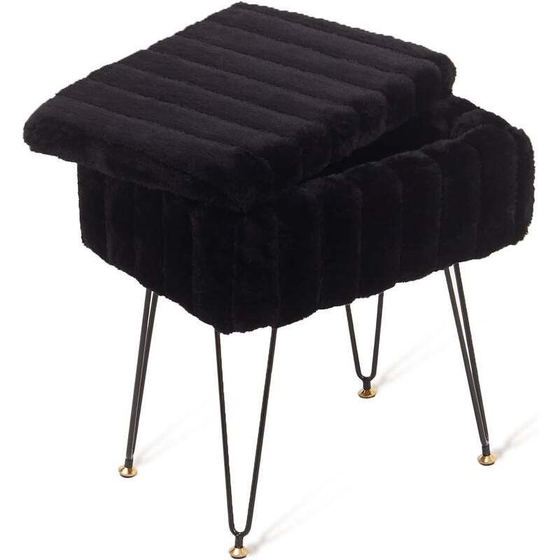 Faux Mink Fur Ottoman with Metal Legs for Seating and Decor - Black