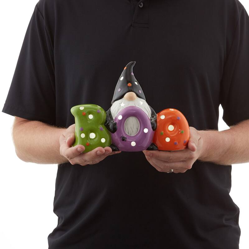 PreLit Ceramic Halloween BOO Gnome HandPainted Tabletop Decor
