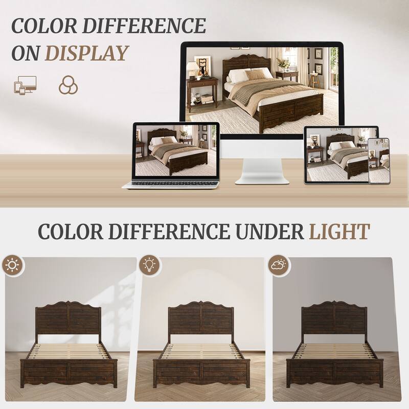 Modern Bed Solid Wood Platform Bed Frame Queen/King Size Bed with Headboard and Wood Slat Support for Bedroom