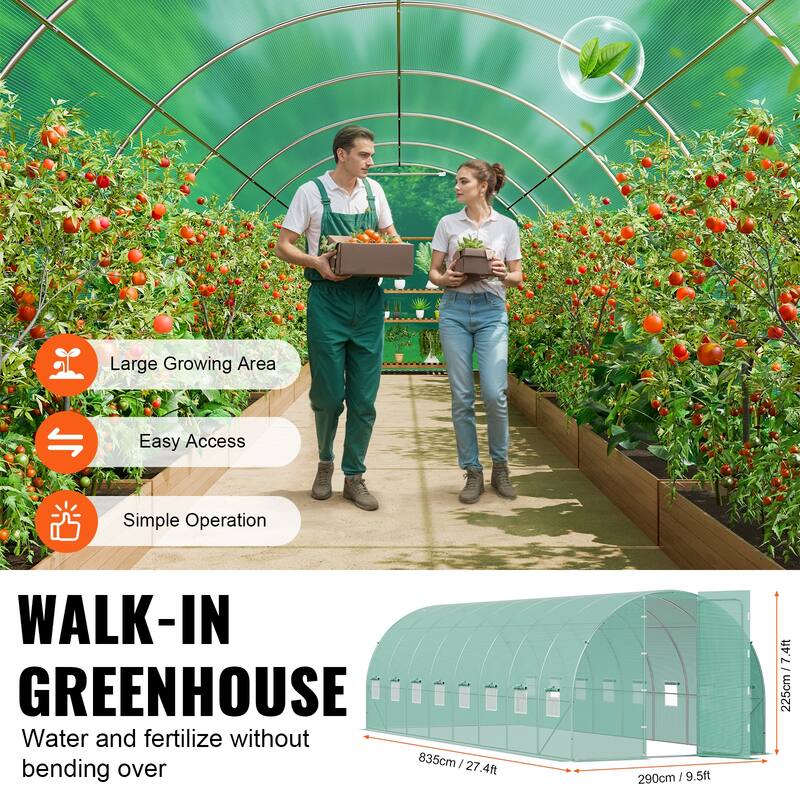 Walk-in Tunnel Greenhouse, Hoop House Greenhouse Tunnel, Plant Hot House with Galvanized Steel Frame, Green PE Cover