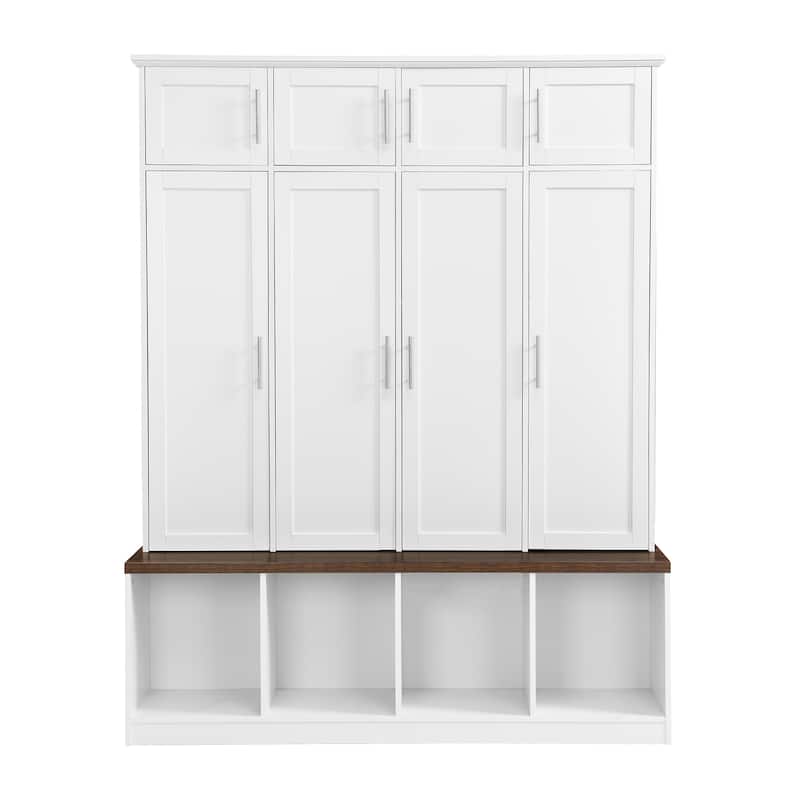 Hall Tree Storage Cabinet with 4 Hidden Hooks, Bench, and Open Compartments