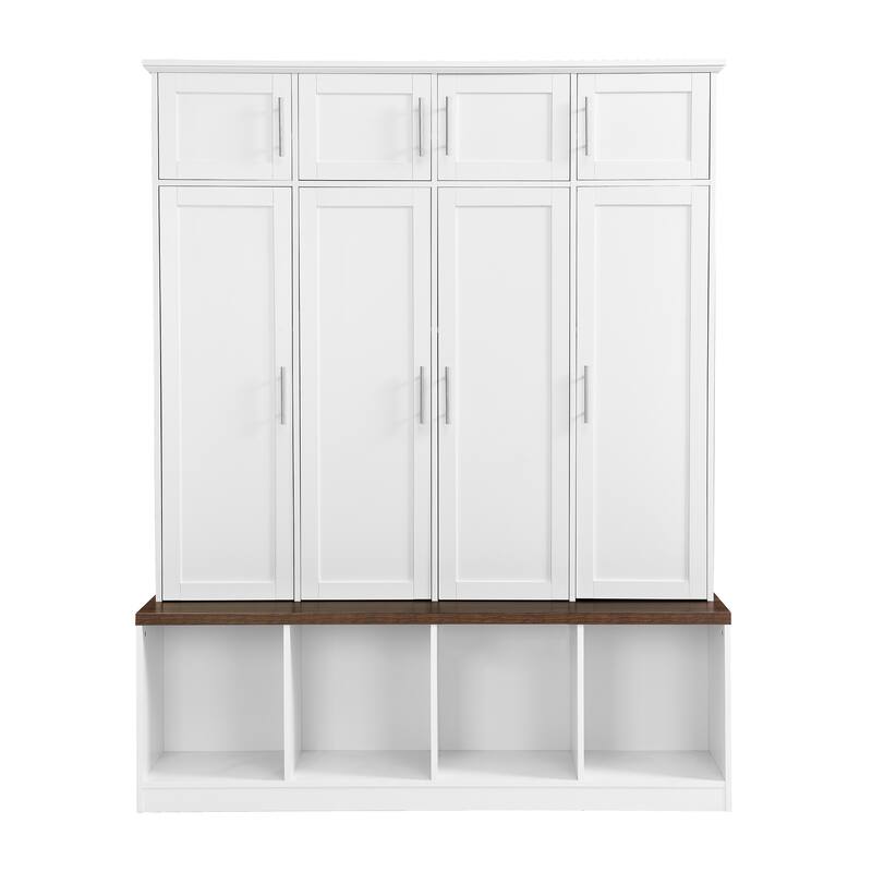 Versatile Hall Tree with 4 Hanging Hooks, Brown Wood Grain Bench with Multiple Storage Space, Entryway Cabinet