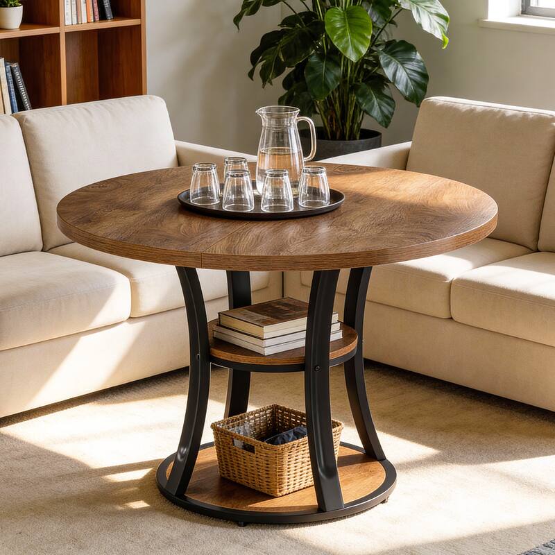 39.37 Inch Round Conference Table with 2-Tier Storage Shelf and Metal Base for 4 People - 39.37" D x 39.37" W x 29.53" H