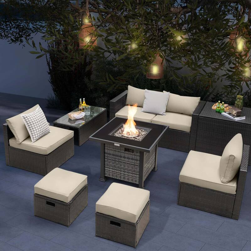 9 PCS Patio Furniture Set with 50,000 BTU Propane Fire Pit Table