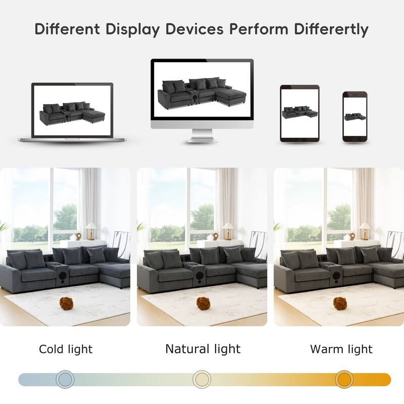 Corduroy Sectional Sofa With Bluetooth Speakers,L Shaped Couch With Console,Usb Charger,Cup Holders,Storage,Ottoman