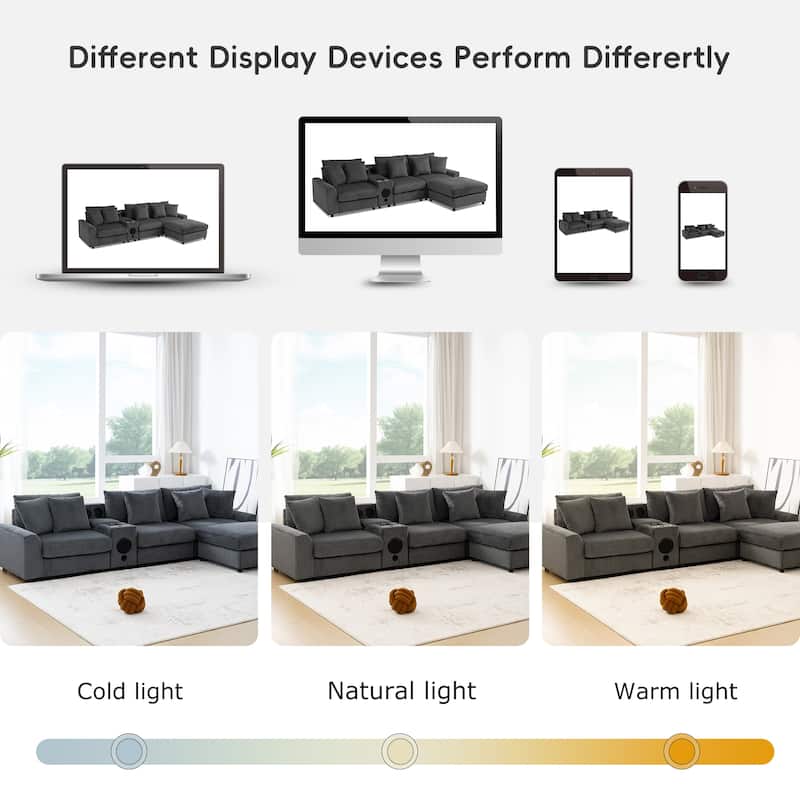 Roomfitters 112" Corduroy Sectional Sofa, L Shaped Couch with Console, Deep Wide Seat, Ottoman, Dark Gray