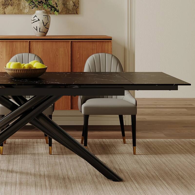 9 - Piece Extendable Rectangular Sintered Stone Cross Legs Dining Set With 8 Chairs