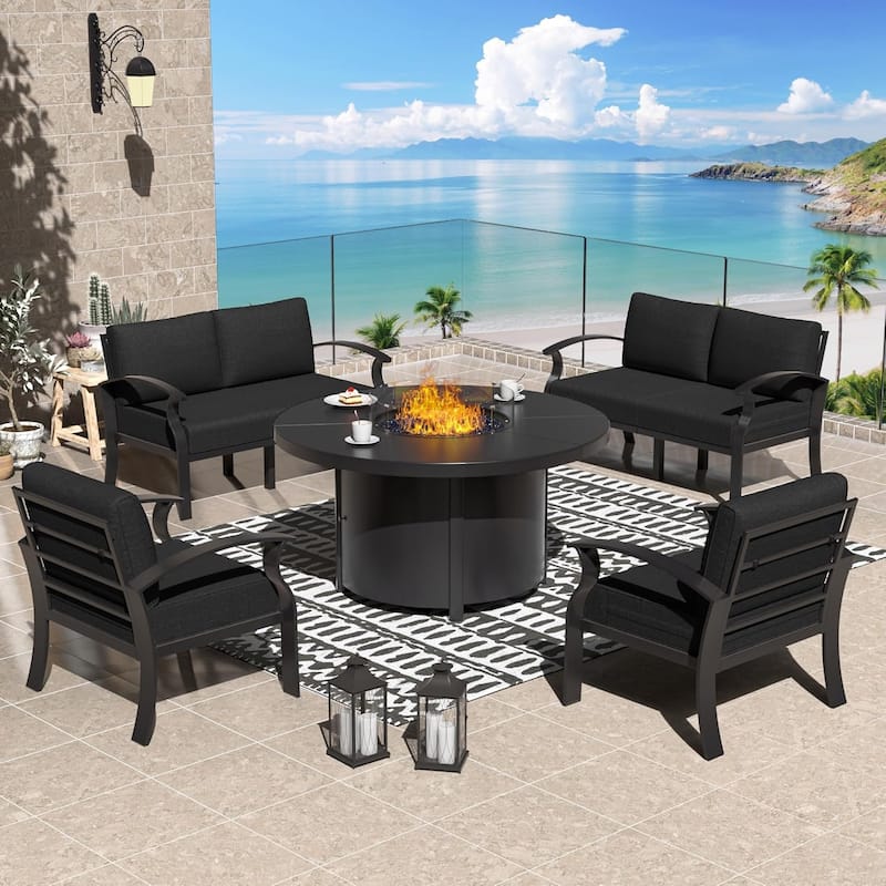 Patio Aluminum Sofa with Armrests, Outdoor Conversation Set with Round Fire Pit Table 5inch Thick Seat Cushions - 6Seats - Black