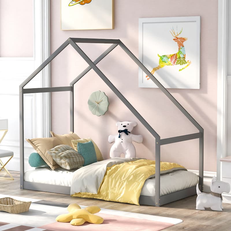 Gray Twin Size Solid Wood House Bed with Roof for Kids, Boys and Girls, Bedroom