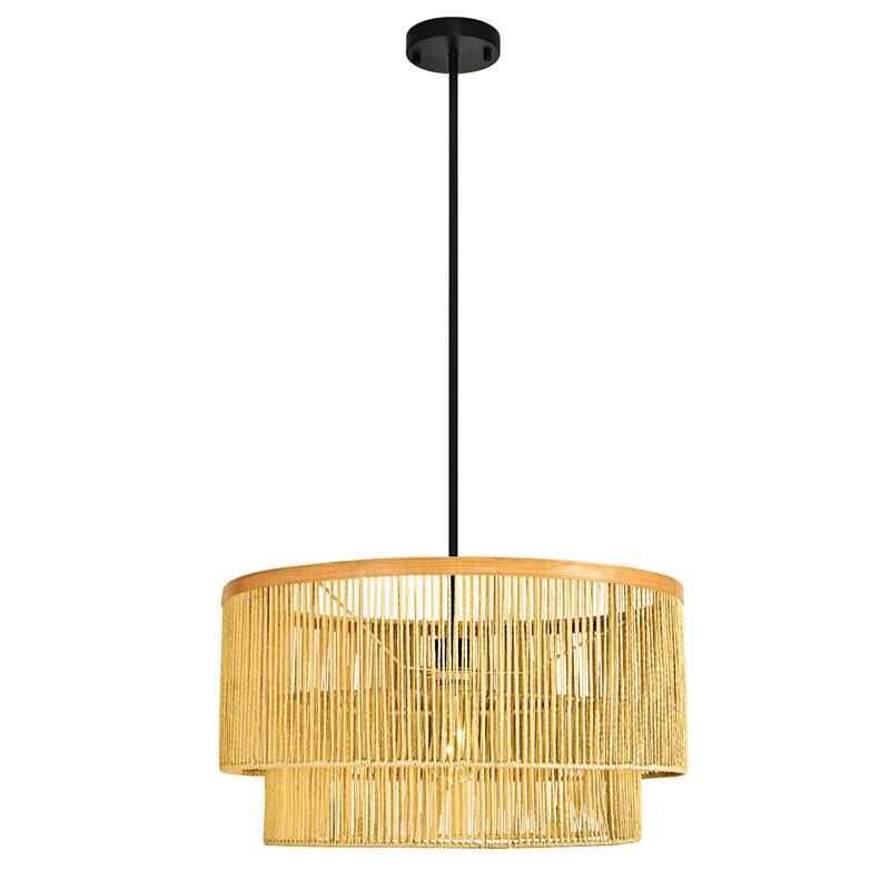 Traditional Rattan Chandelier Pendant Light With Wood Finish Band