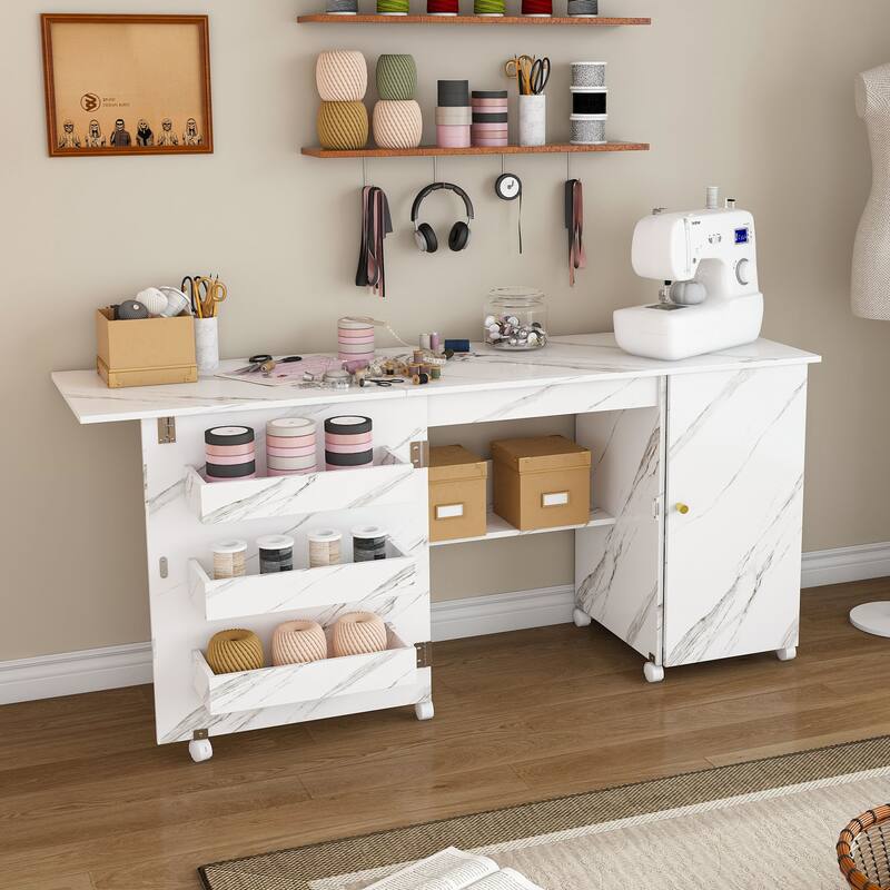 Anmytek Space Saving Folding Sewing Machine Desk with Storage Mobile Craft Table