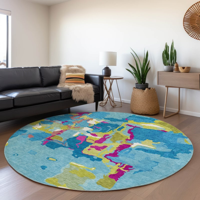 Machine Washable Indoor/ Outdoor Abstract Glam Chantille Rug - Aqua - 8' x 8'