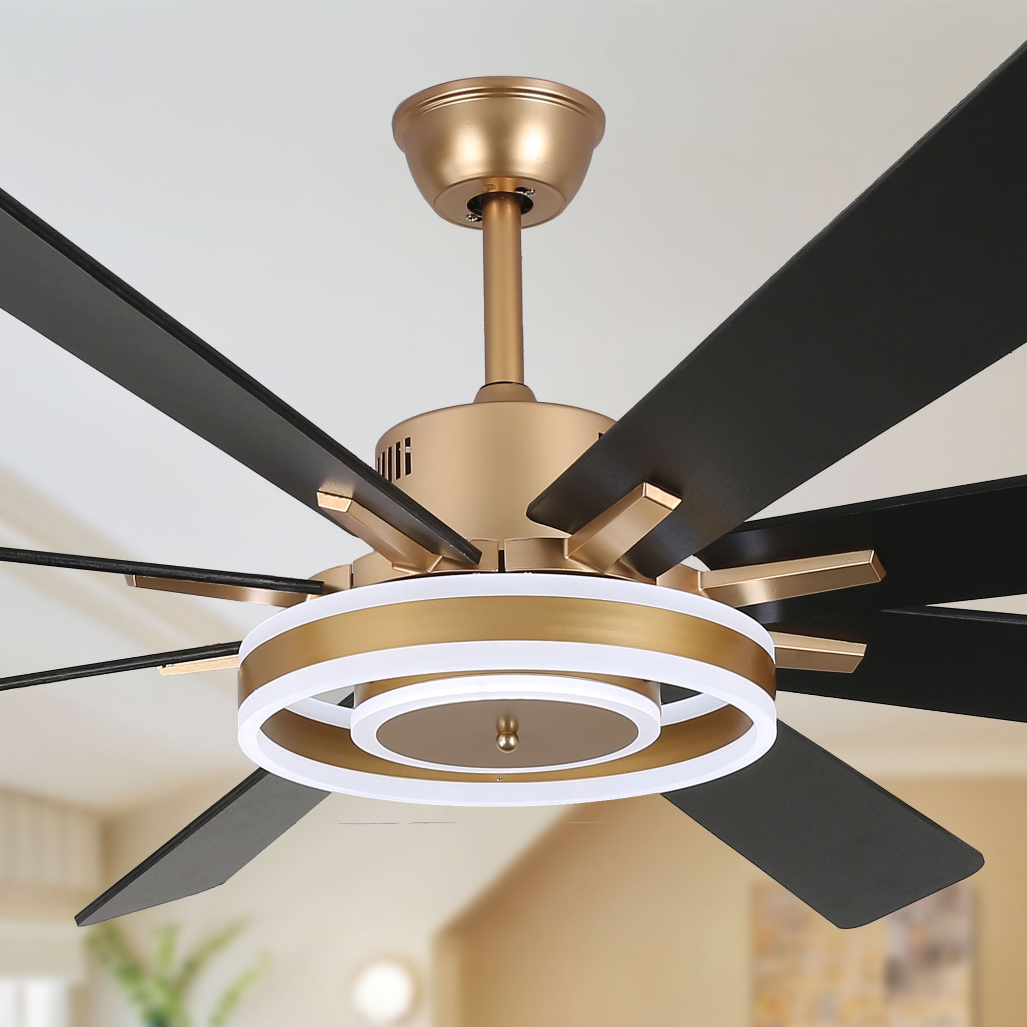 72" Modern Gold Large Ceiling Fan with Dimmable LED Light APP and Remote DC Motor 6-speed Reversible for Living Room.