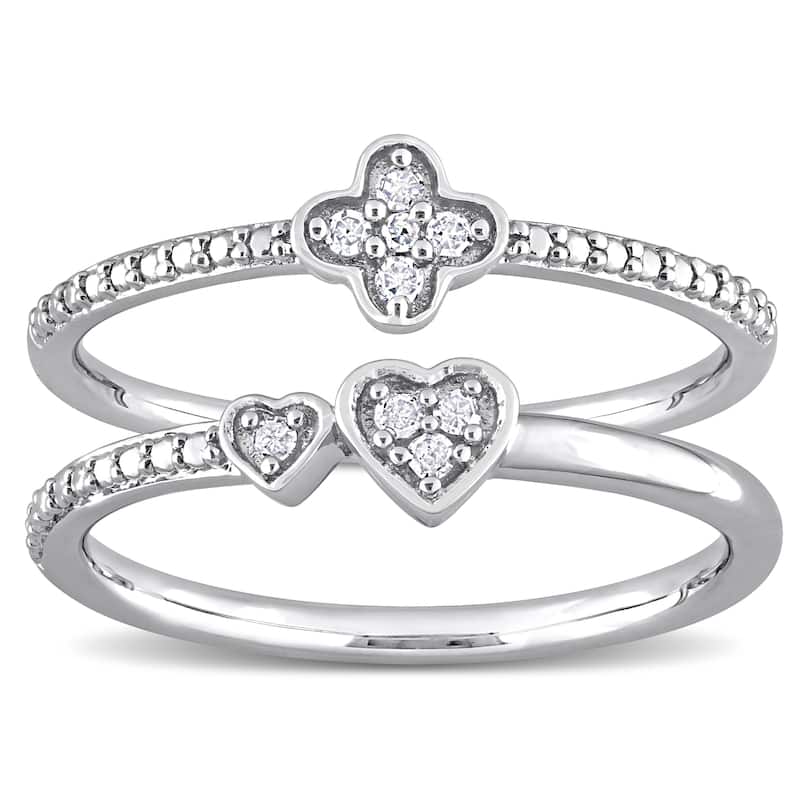 Miadora 1/10ct TW Diamond Floral Double Heart Promise Rings 2-Piece Set Sterling Silver