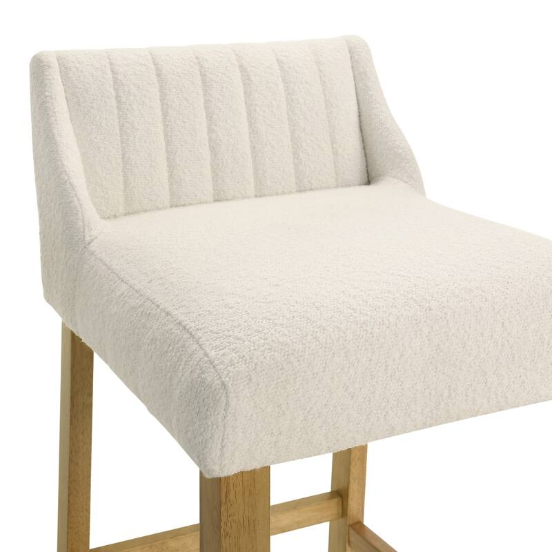 Fauna Low-Back Boucle Bar Stool, Upholstered Counter Height Kitchen Barstool with Wood Legs