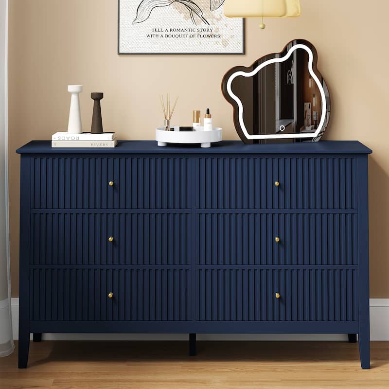 Modern 6-Drawer Fluted Dresser - Blue