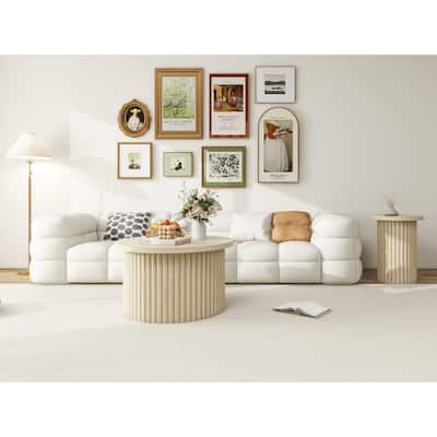 2-Piece, Modern Round Coffee Table Set with Wood-Grain Vertical Slat Legs and Foot pads, for Living Room