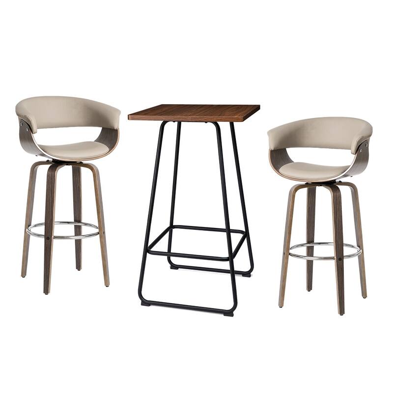Glitzhome Small Space Set of 3 Swivel High Bar Stool Kitchen Chairs & Square Wood Top Pub Table - Brown Table & Gray PU Chairs