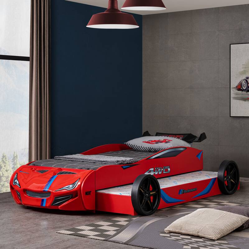 Furniture of America Laszlo Modern Race Car-Shaped Twin Bed with Trundle - Red