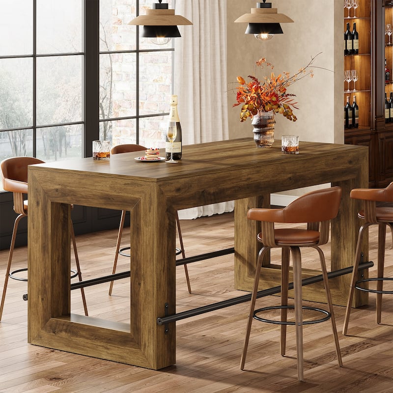 59 Inch Bar Table, Industrial Counter Height Pub Dining Table with Metal Footrest - 27.56"D x 59.06"W x 35.43"H