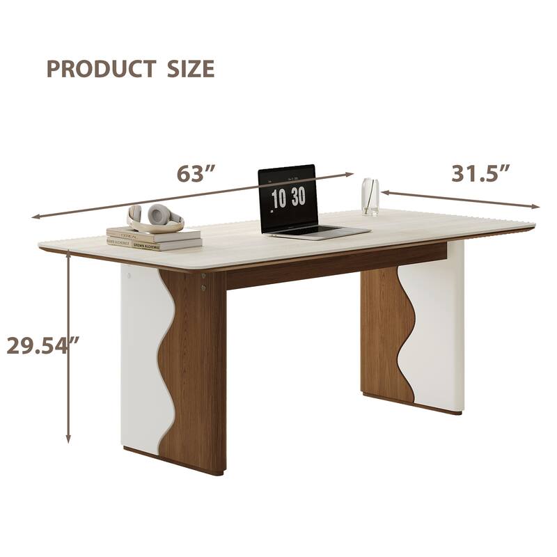 63" Modern Rectangular Writing Desk, Beige Sintered Stone Top, Meeting Desk With Solid Wood Legs