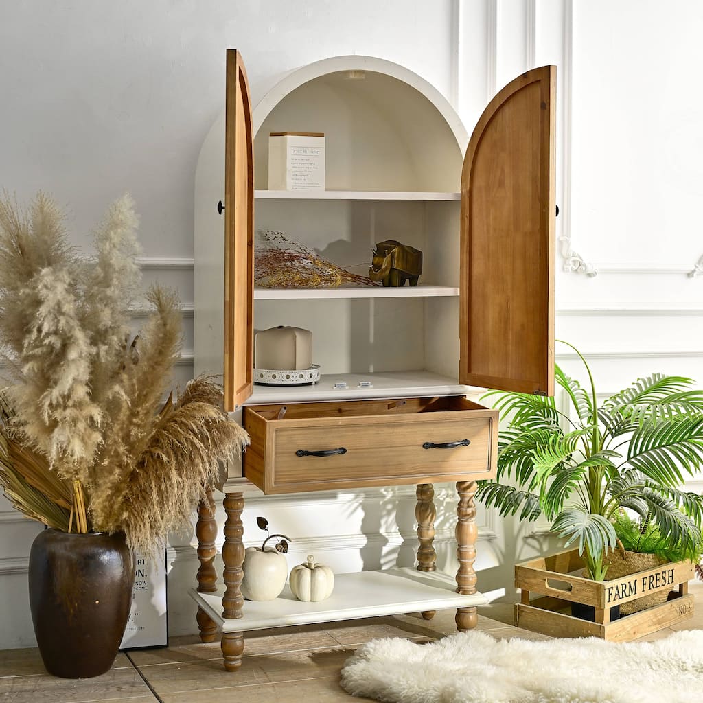 Rossetta 2-Door Arched Flower Handmade Carved Solid Wood Sideboard Cabinet with Open Shelf