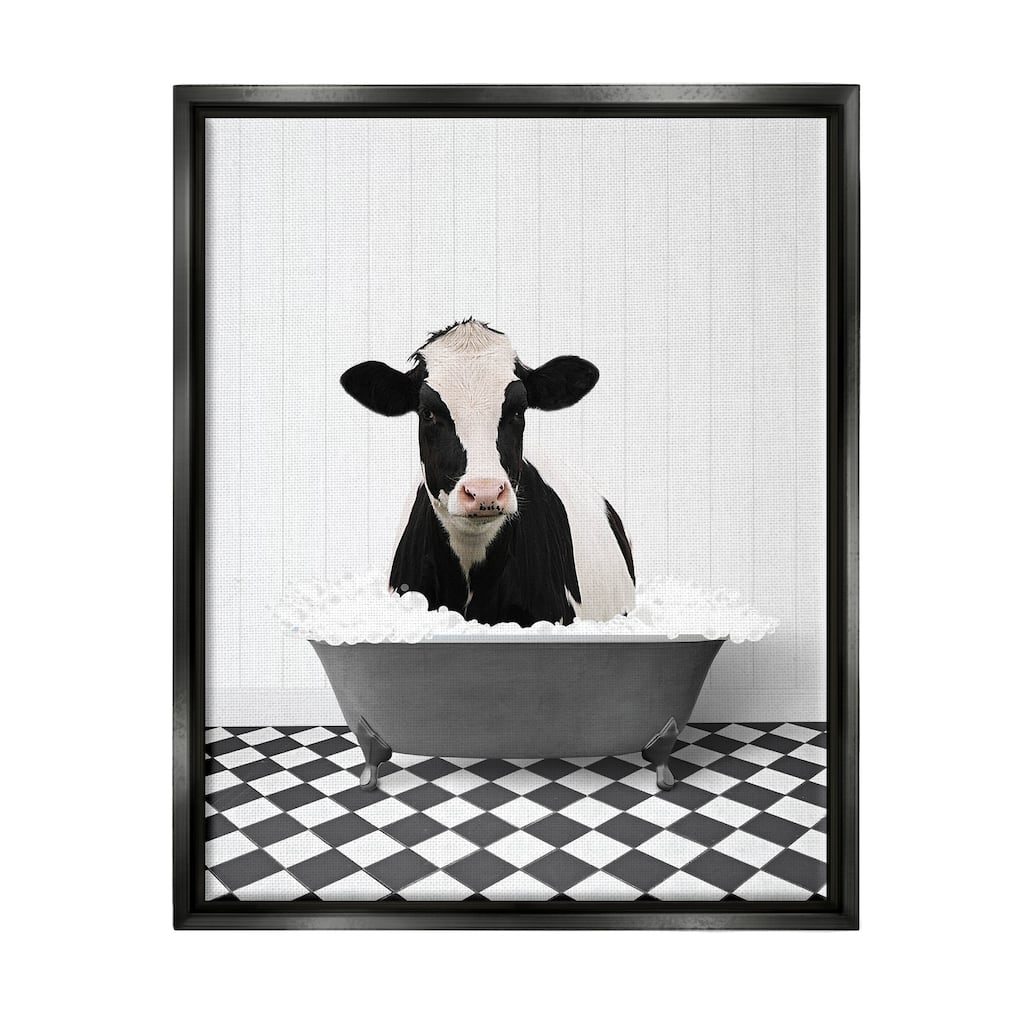Stupell Farmhouse Bathroom Cow Framed Floater Canvas Wall Art Design by Lettered and Lined