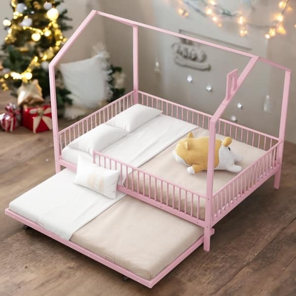 slide 2 of 27, House-Shaped Metal Full Size House Bed with Fence and Twin Trundle Pink
