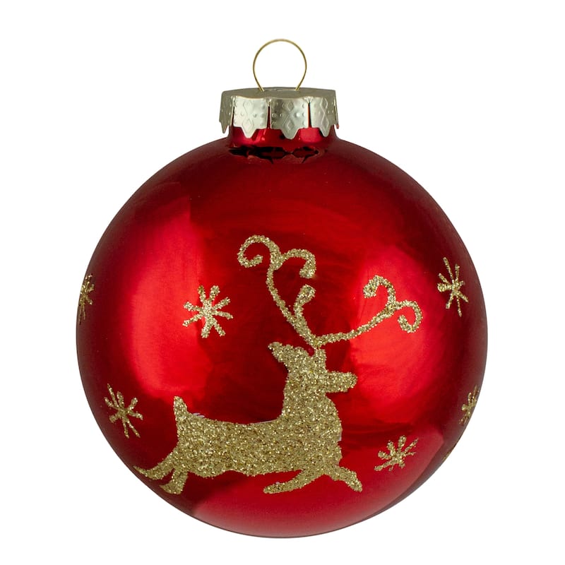 Set of 4 Red and Gold Deer Glass Ball Christmas Ornaments 3.25-Inch (80mm) - 3.25"