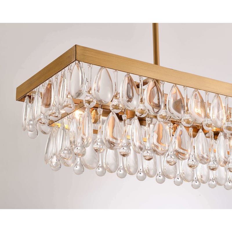 Viviana Brushed Brass 6-light Crystal Teardrop Rectangle Chandelier - 30"L x 8.7"W x 6"H