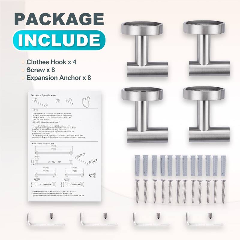 WOWOW Stainless Steel J-Hook Robe/Towel Hook 4 PCS