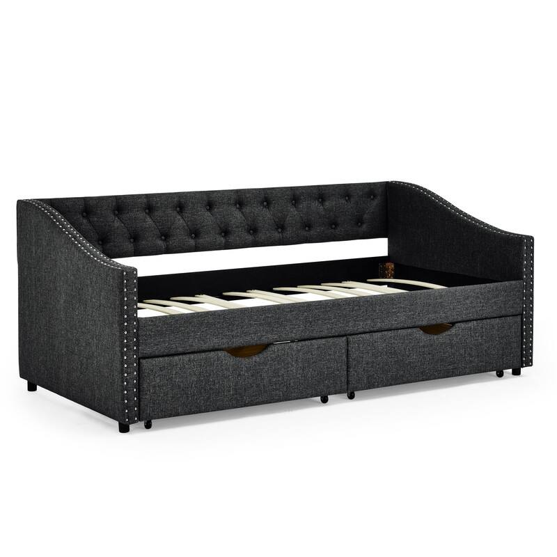 Twin Daybed with Drawers,Linen Upholstered Bed with Button on Back and Copper Nail