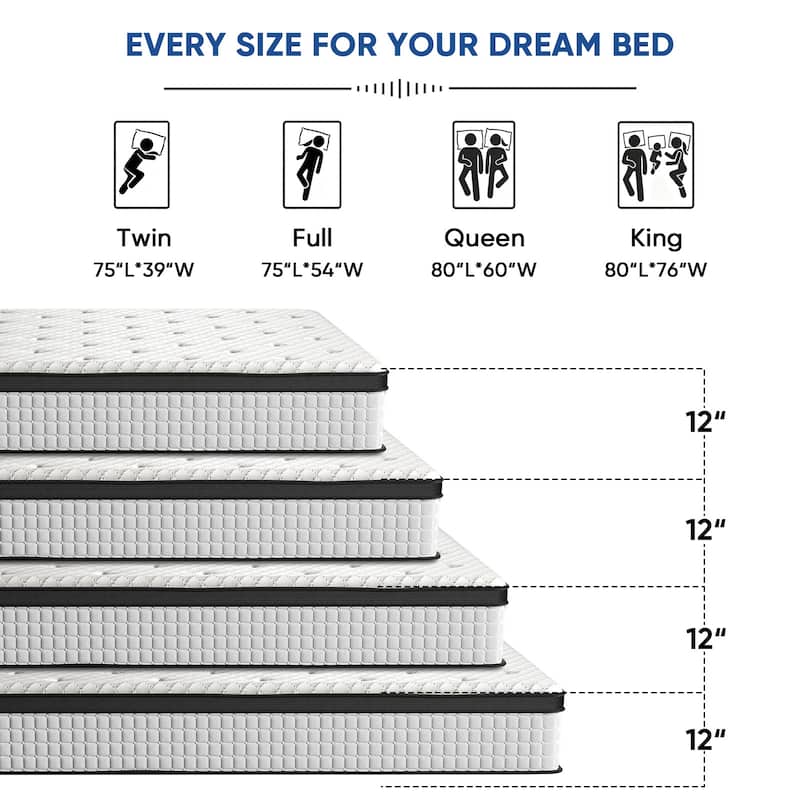 Pocassy 12" Hybrid Mattress Gel Memory Foam & Zone Pocket Coil Support