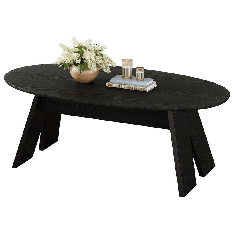 47 Inch Modern Black Oval Coffee Table for Living Room - 23.6" D x 47.2" W x 18.11" H