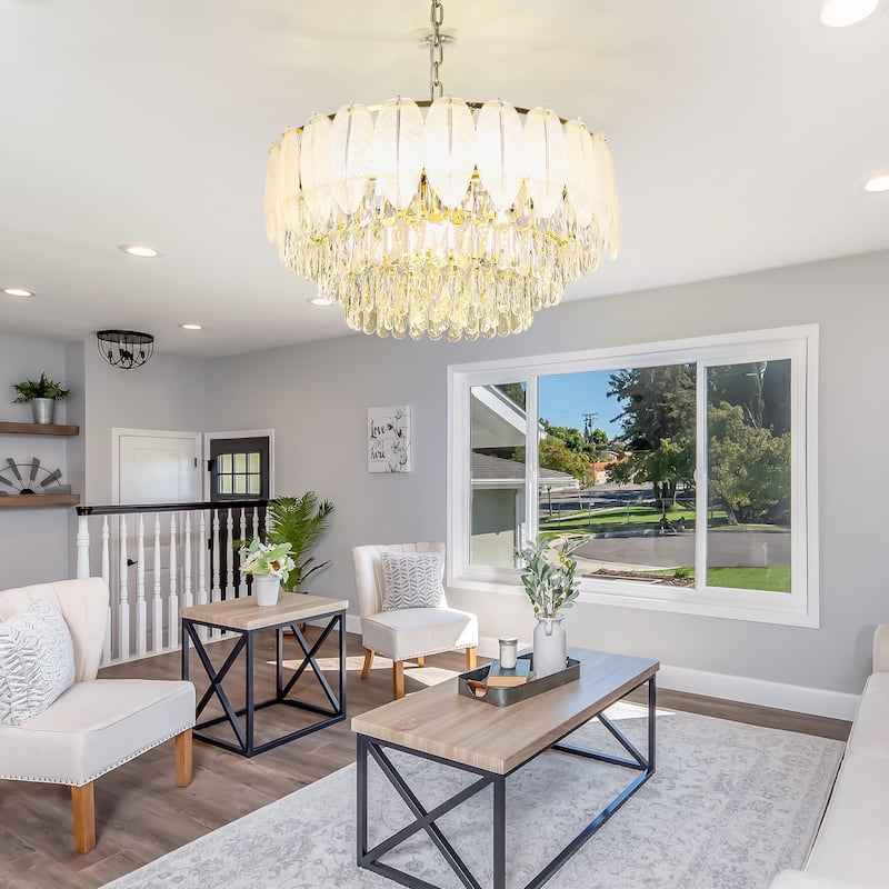 Modern Luxury Crystal Chandeliers, Adjustable Round Feather Crystal Pendant Light for Living Room, Bulbs Included