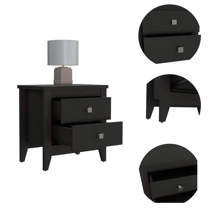 Black Two-Drawer Nightstand with Shelves and Wooden Legs
