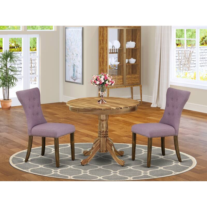 East West Furniture 3 Piece Dinette Set- A Round Kitchen Table with Pedestal and 2 Linen Fabric Dining Chairs, (Finish Options)