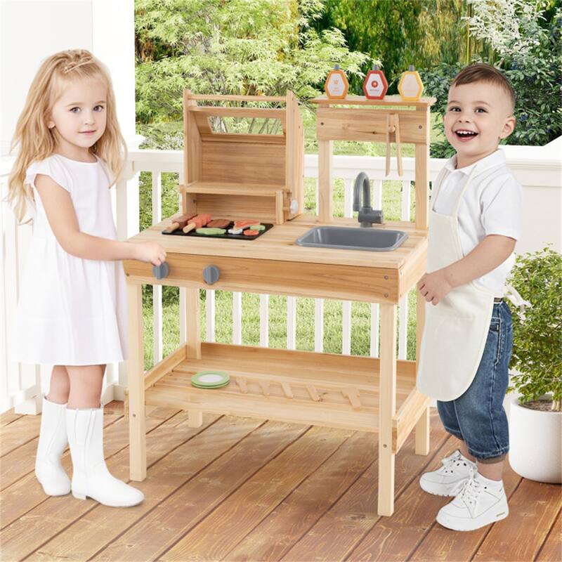 Kids Wooden BBQ Grill Playset with Sink Storage and Utensils Natural Outdoor Pretend Cooking Toy for Ages 3 and Up
