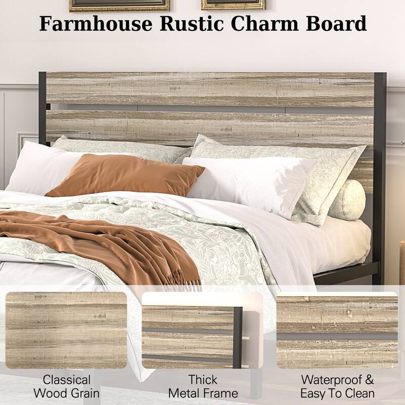 VECELO Industrial Wood Bed Frame with Headboard Twin Size Beds/Full Size Beds/Queen Size Beds
