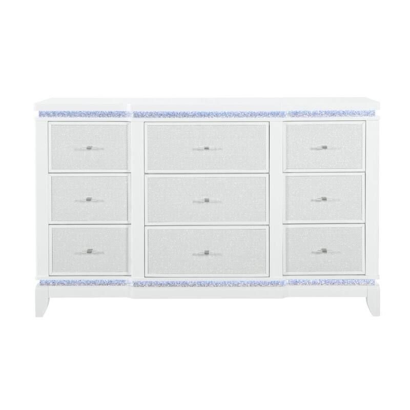 HomeRoots 62" White Faux Crystal Glitter Wood Lighted Nine Drawer Triple Dresser