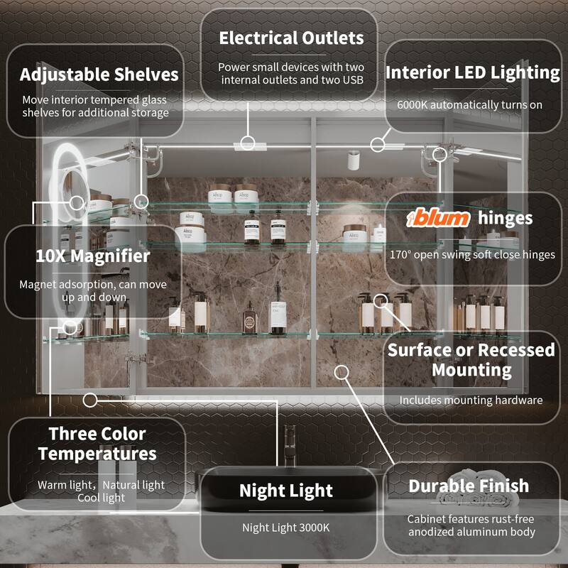 36'' H Recessed or Surface Mounted Bathroom LED Mirror Cabinet With Defogger, Dimmer, 10x magnifying