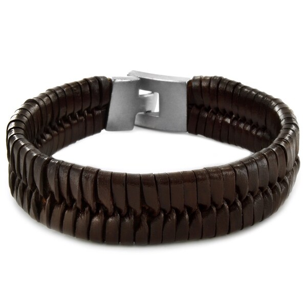 Brown Woven Braided Cuff Leather Bracelet (19 mm) - 8.75 in
