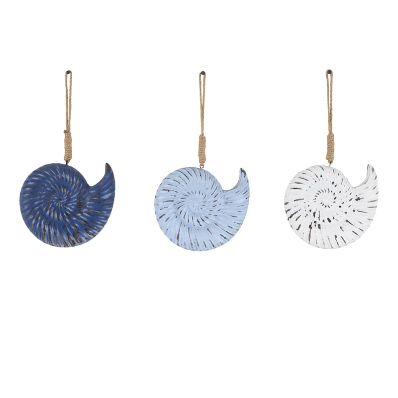Wooden Shell Distressed Home Wall Decor with Jute Hanging Rope - Set of 3 Blue - Roche River Decor