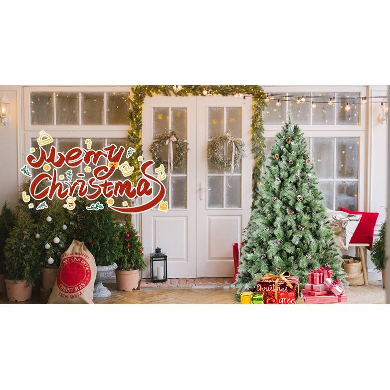 8FT Christmas Tree with 102 Pine Cones - 1858Tips, Mixed PVC & Hard Needle Branches, Hinged Structure,Metal Stand